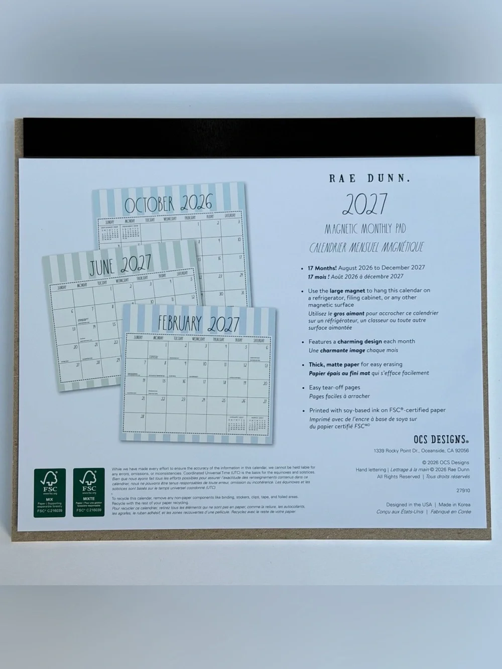 Rae Dunn 2026-2027 Magnetic Monthly Weekly 17-month Calendar Pad (Stripes)